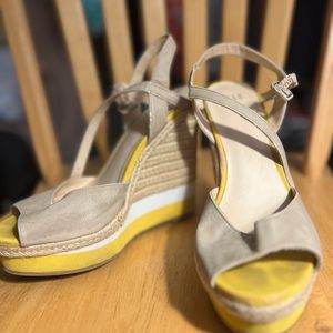 Tan and yellow, heeled sandals
